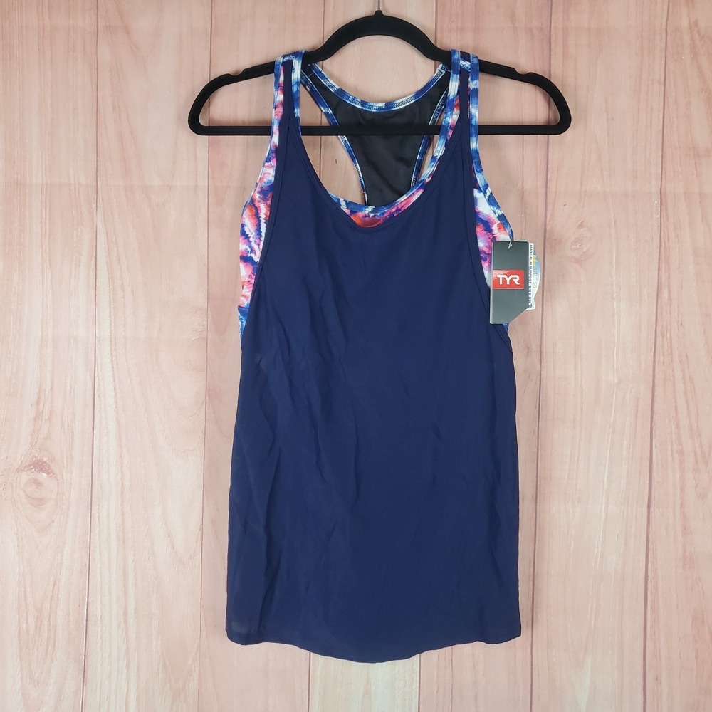 TYR Areca Madison 2 in 1 Tank Top Womens Medium Blue Abstract Stretch Athleisure